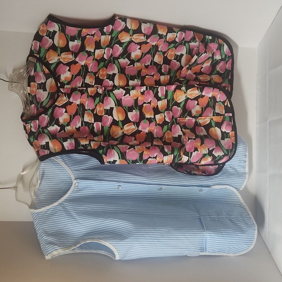 Vintage Snap Front Aprons (2) Tulip Print & White/Blue Stripe, Size L - Picture 1 of 4